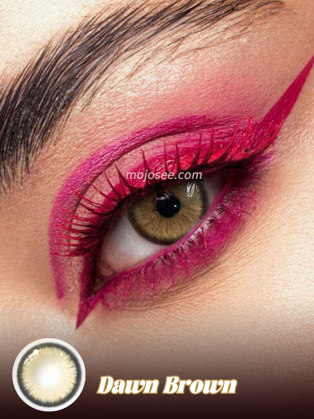 Dawn Brown colored contact lenses worn on eye – Mojosee