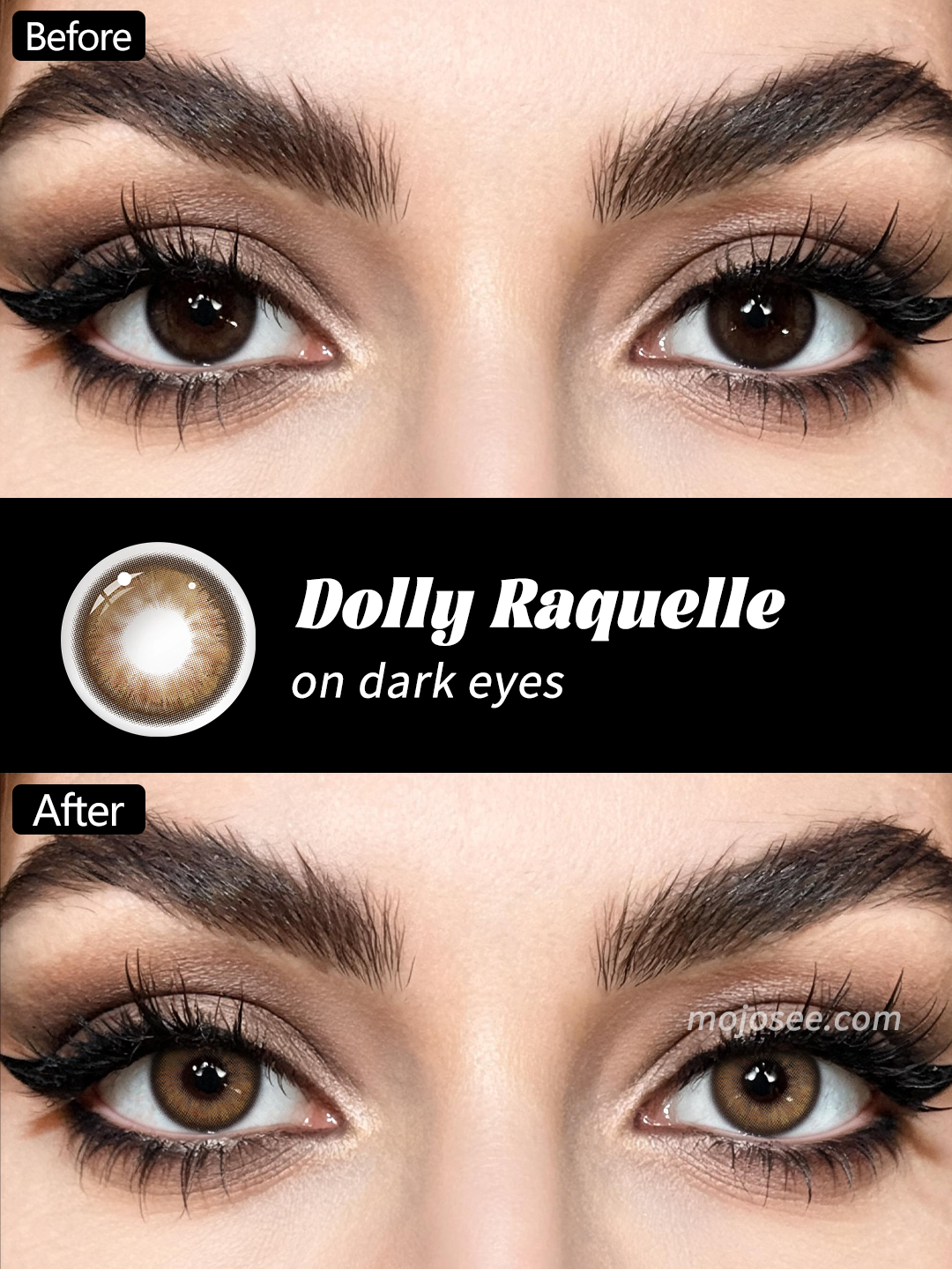 Dolly Raquelle colored contacts before and after on dark brown eyes