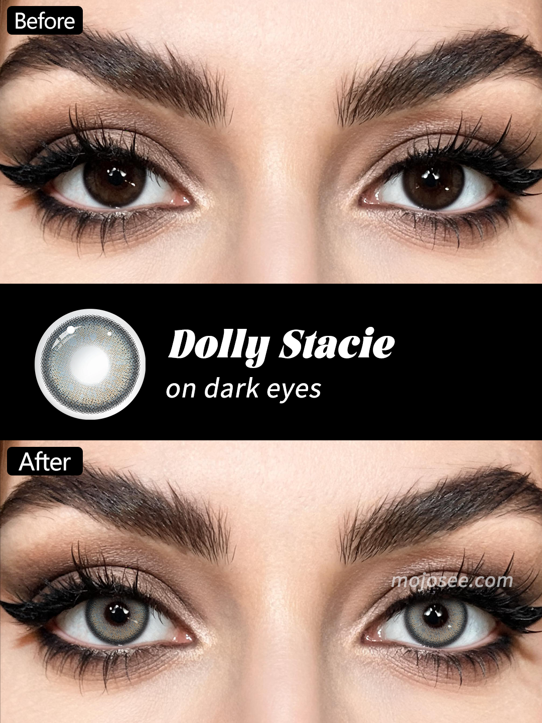 Dolly Stacie colored contacts before and after on dark brown eyes