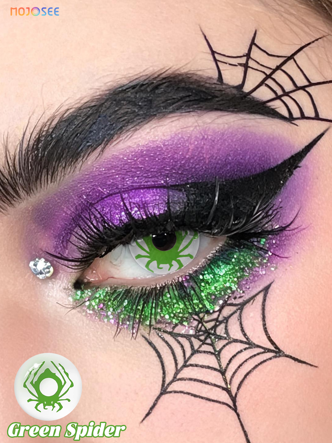 Green Spider colored contact lenses worn on eye – Mojosee