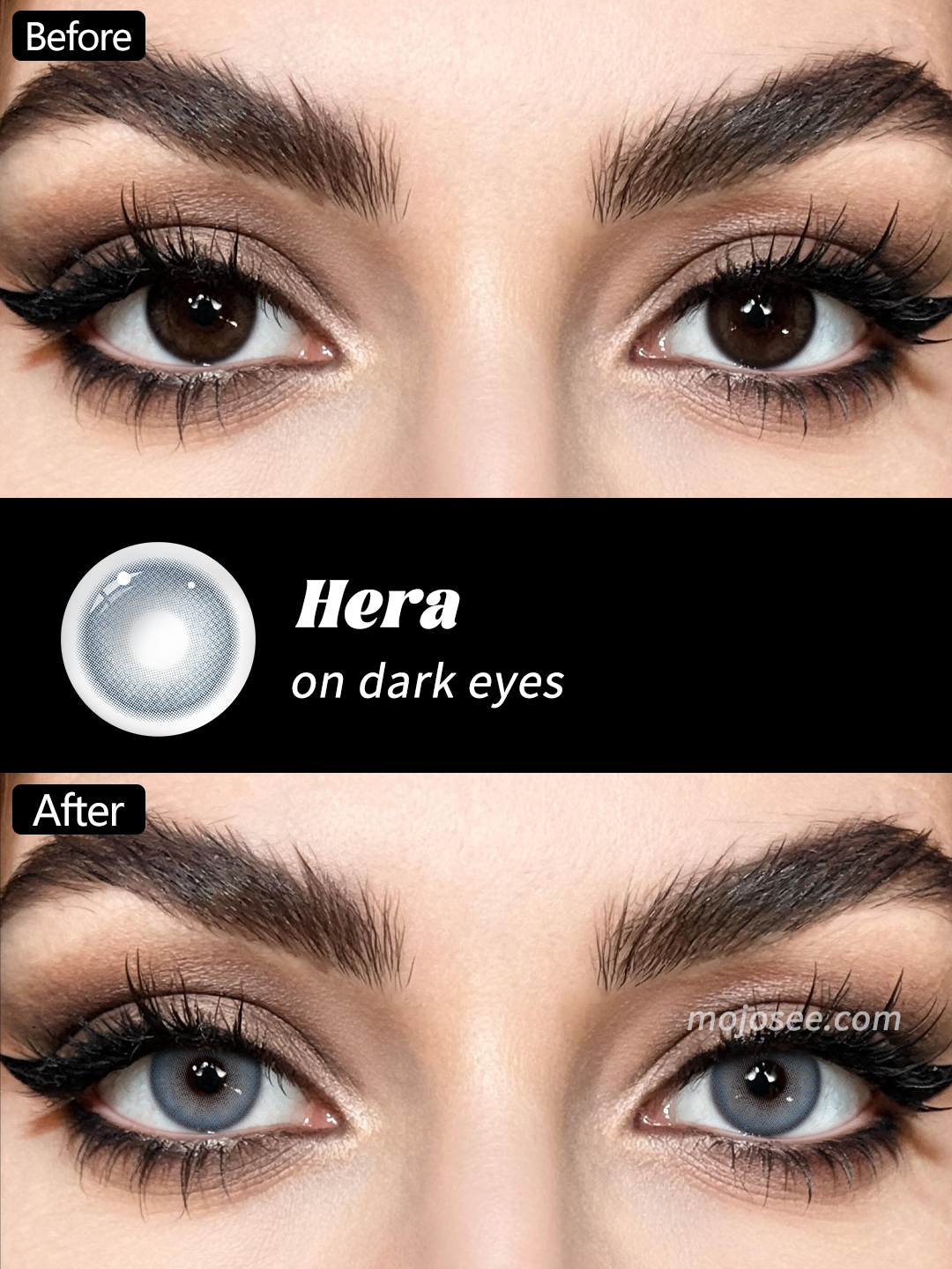 Hera colored contacts before and after on dark brown eyes