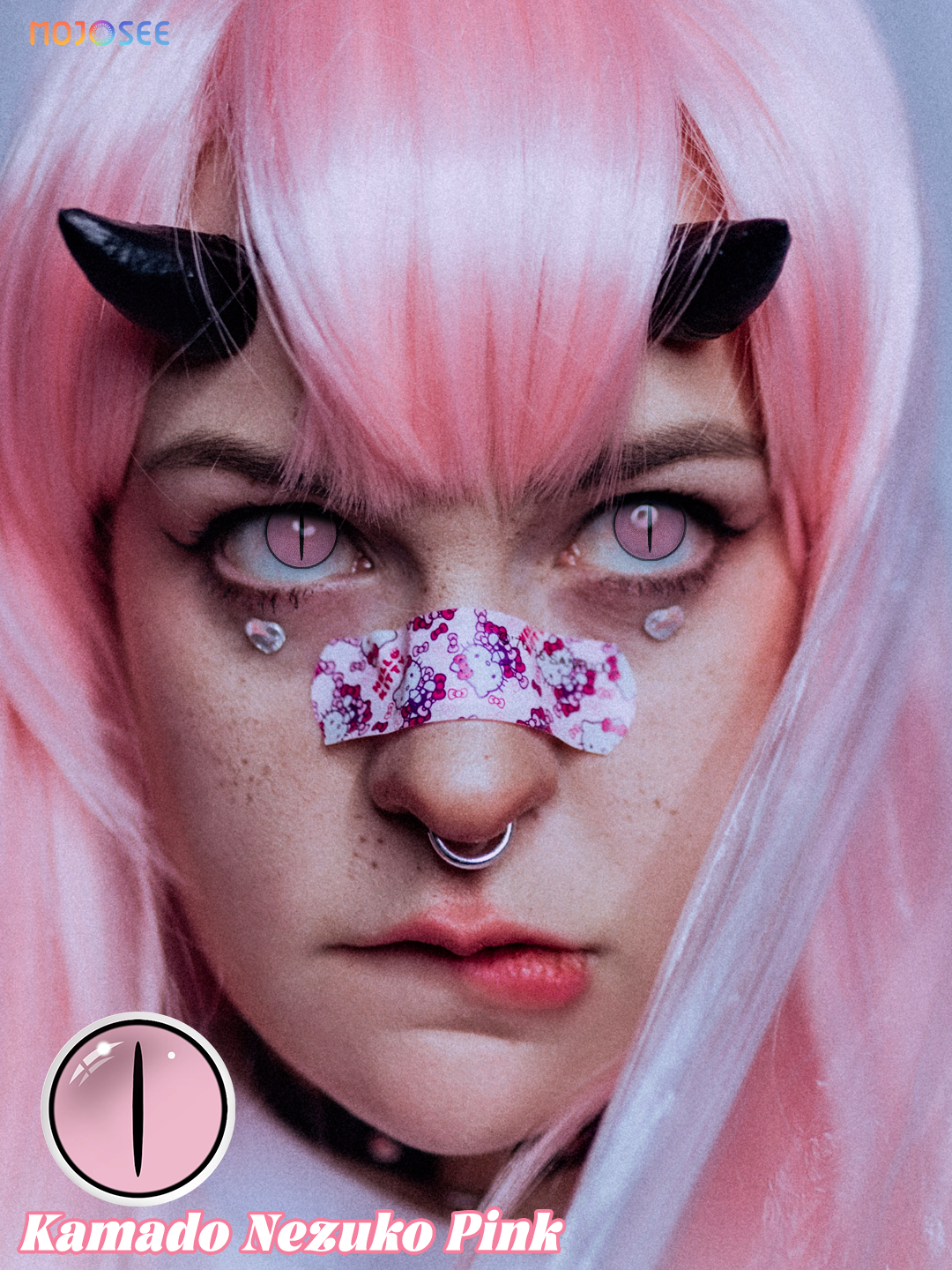 Kamado Nezuko Pink colored contact lenses worn on eye – Mojosee