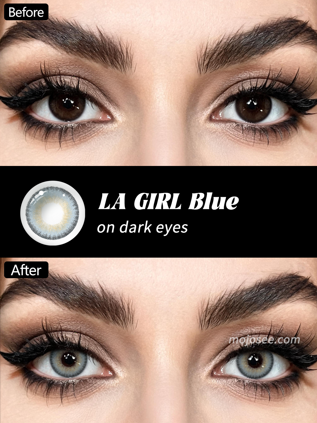 LA GIRL Blue colored contacts before and after on dark brown eyes