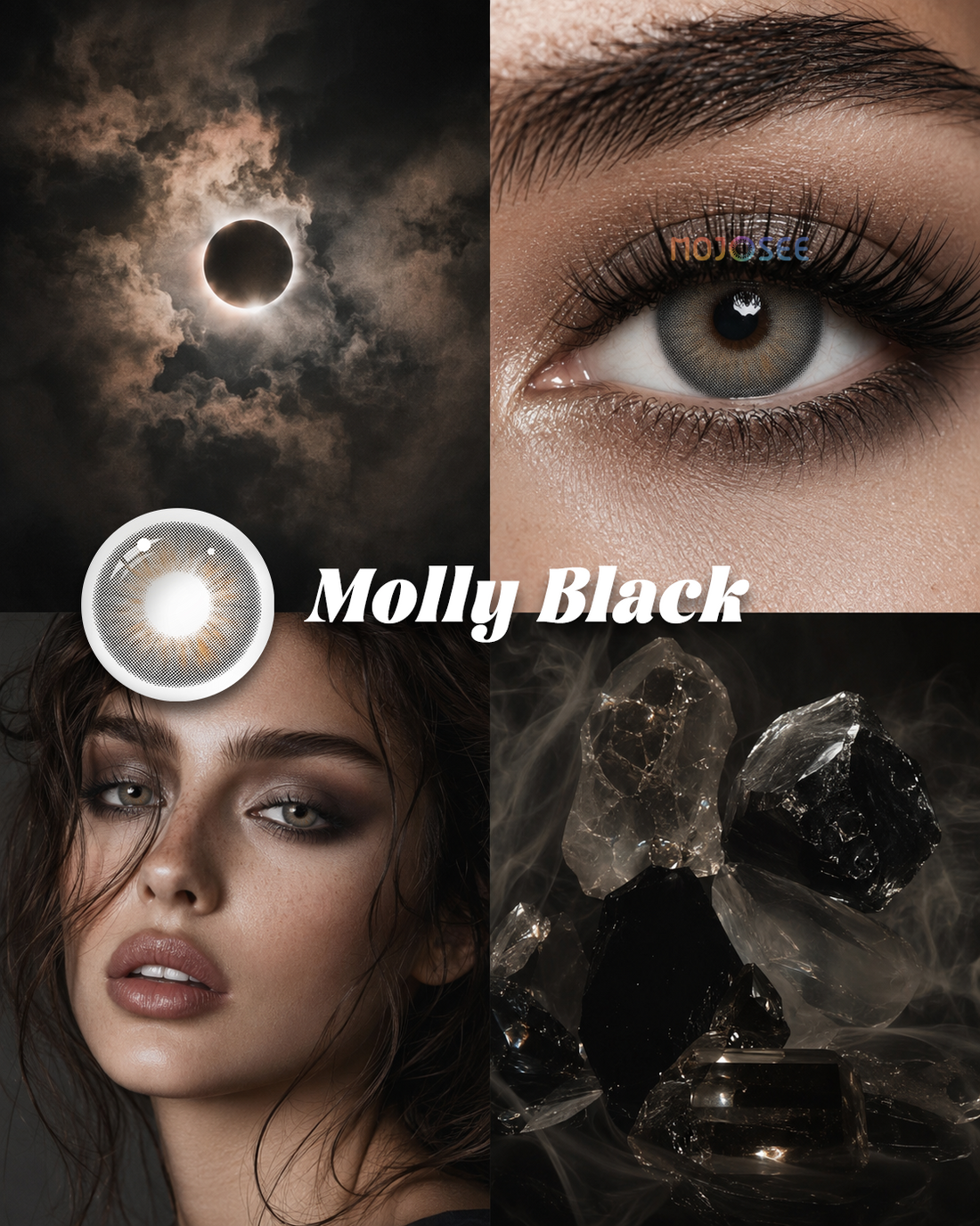 Molly Black colored contact lenses worn on eye – Mojosee