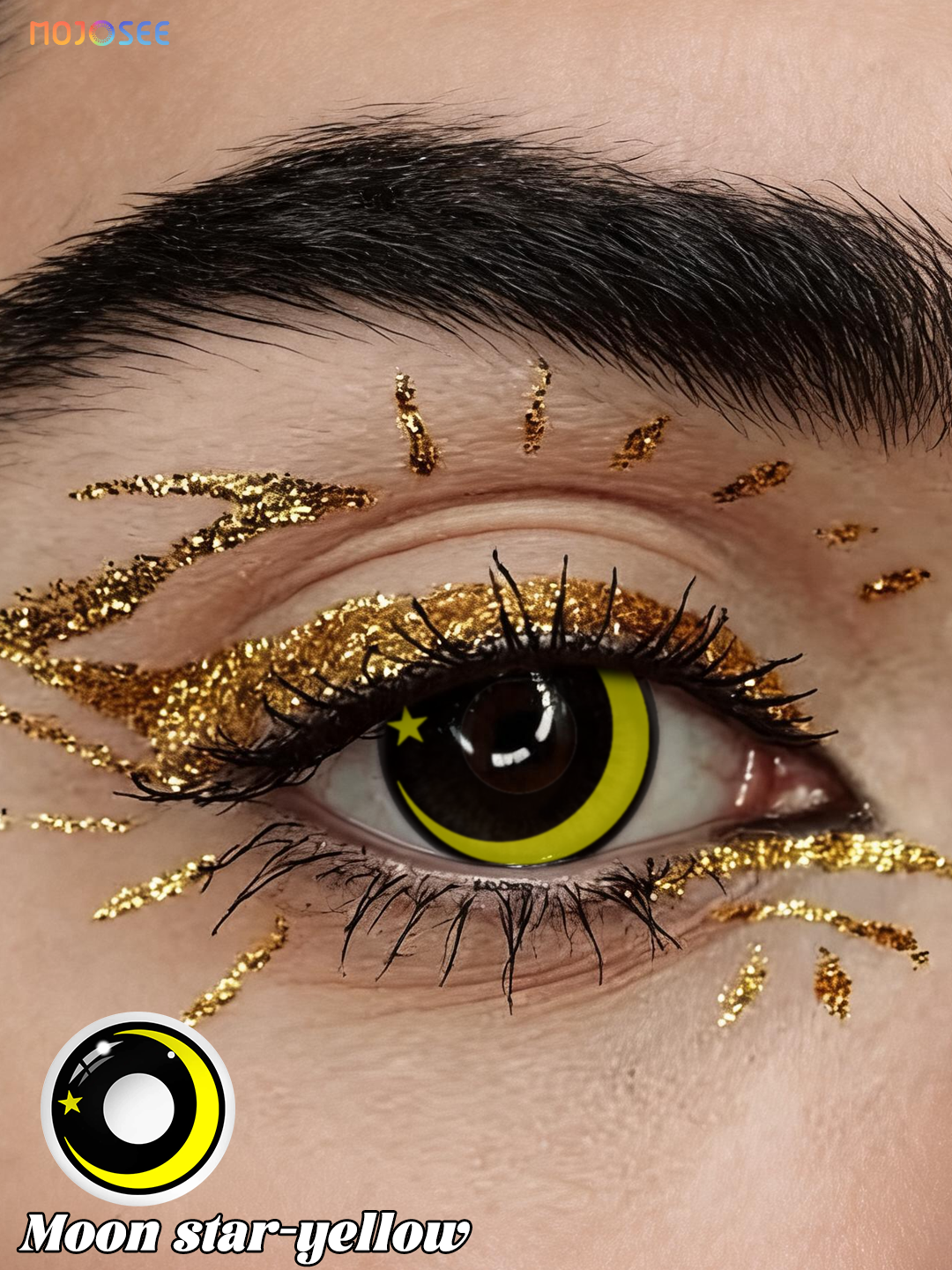 Moon Star Yellow colored contact lenses worn on eye – Mojosee