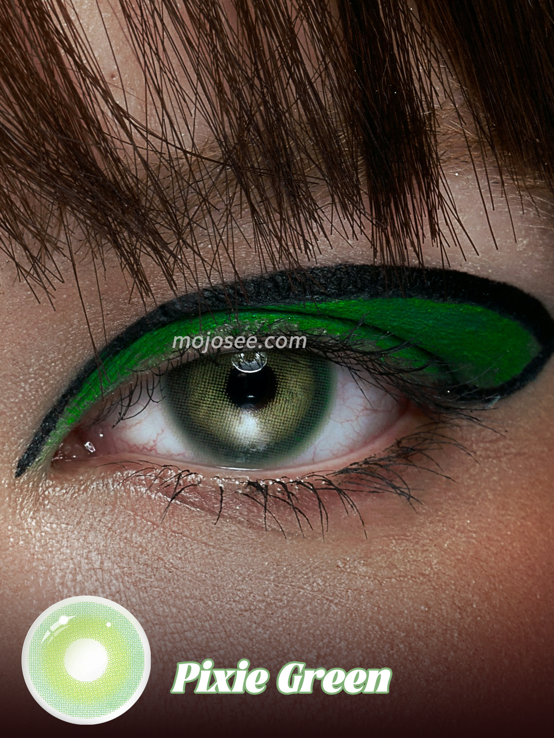 Pixie Green colored contact lenses worn on eye – Mojosee