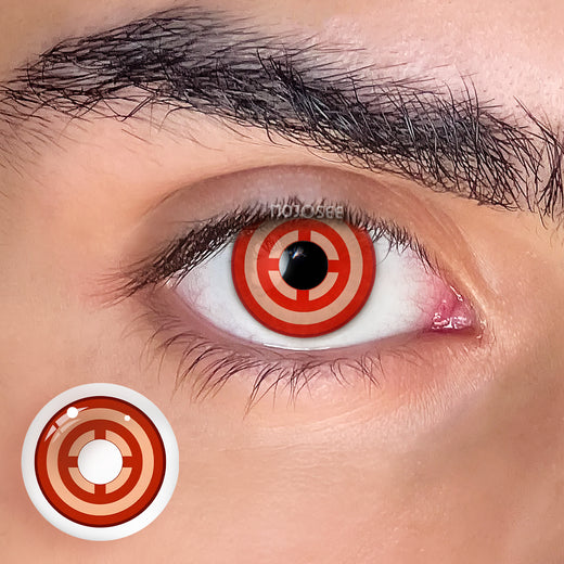 Power-inspired red and cream concentric-ring contact lens worn by a male model – Chainsaw Man