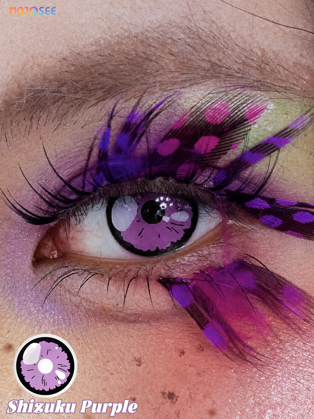 Shizuku Purple colored contact lenses worn on eye – Mojosee