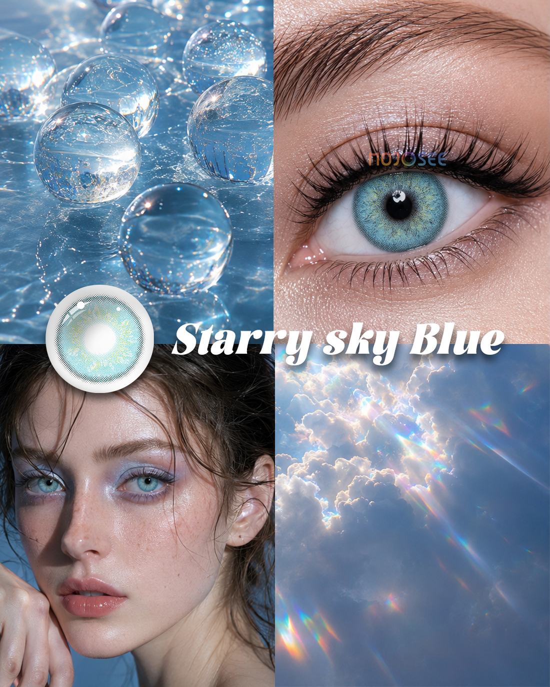 Starry sky Blue colored contact lenses worn on eye – Mojosee