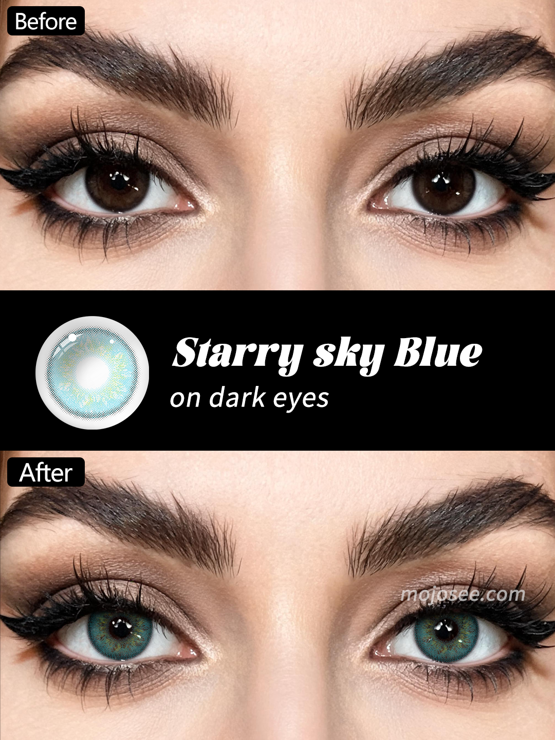 Starry sky Blue colored contacts before and after on dark brown eyes