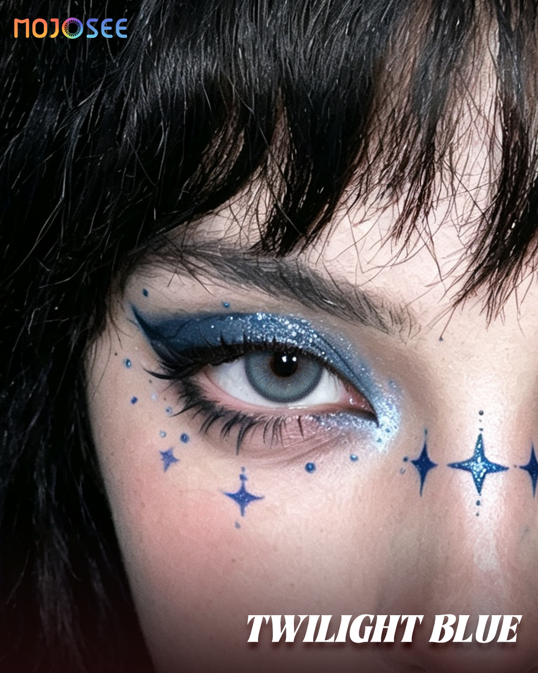 Twilight Blue colored contact lenses worn on eye – Mojosee