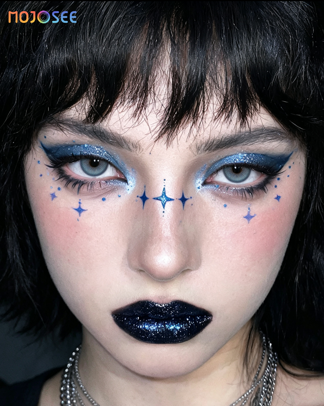 Twilight Blue colored contact lenses worn on eye – Mojosee
