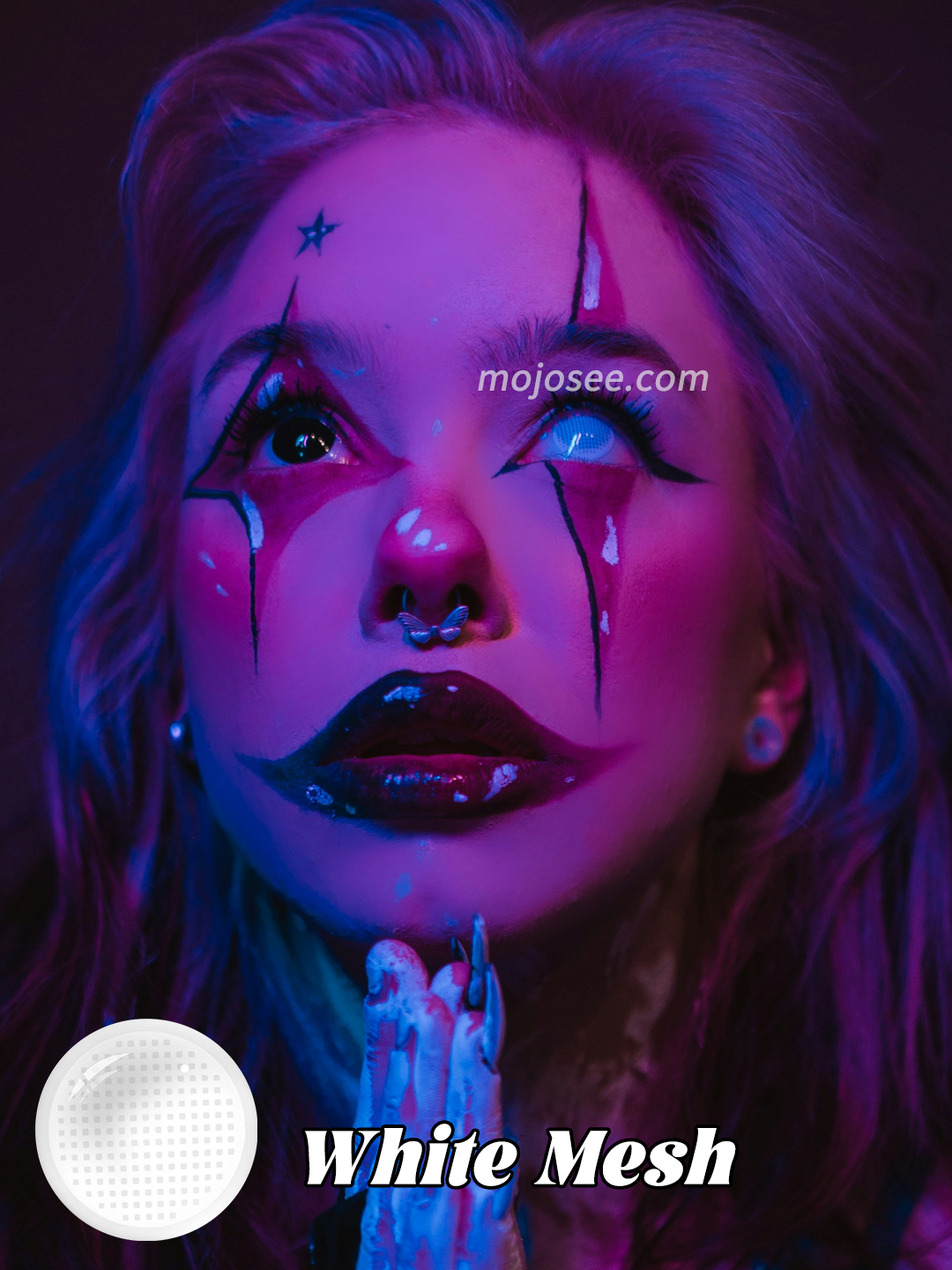 White Mesh colored contact lenses worn on eye – Mojosee