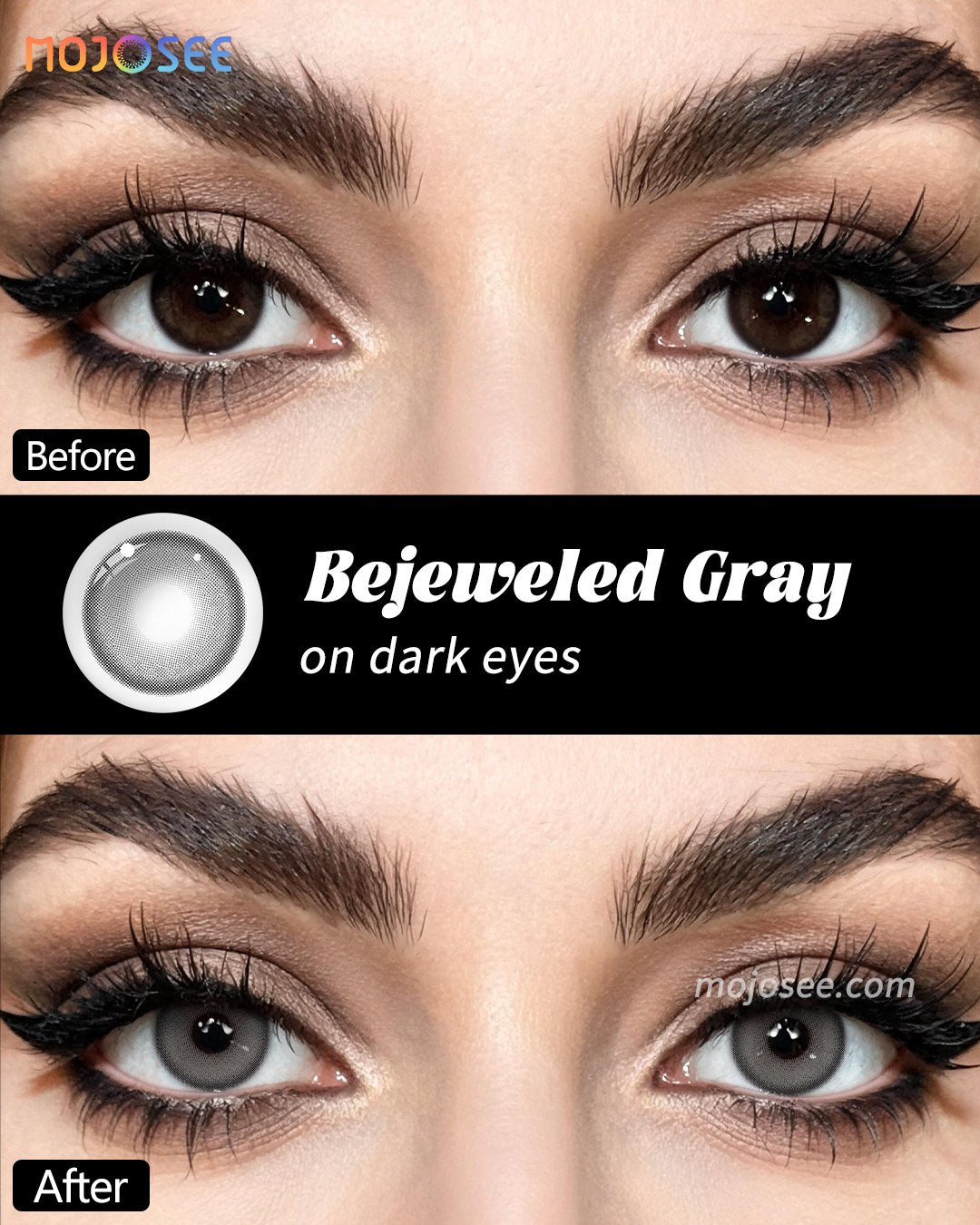 Smoky Gray Circle Contact Lenses - Dark Rim, Bejeweled — look 1