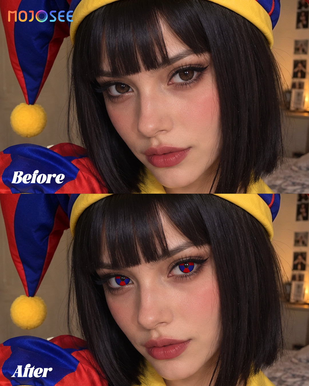 Pomni contact lenses before and after on dark brown eyes