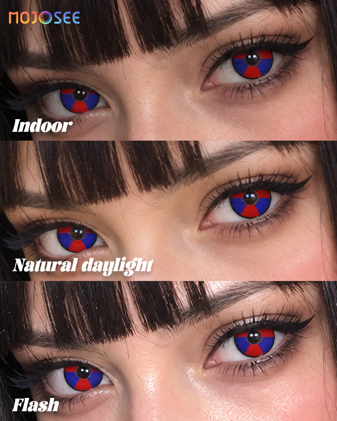 Pomni contact lenses shown in indoor light, natural daylight and flash