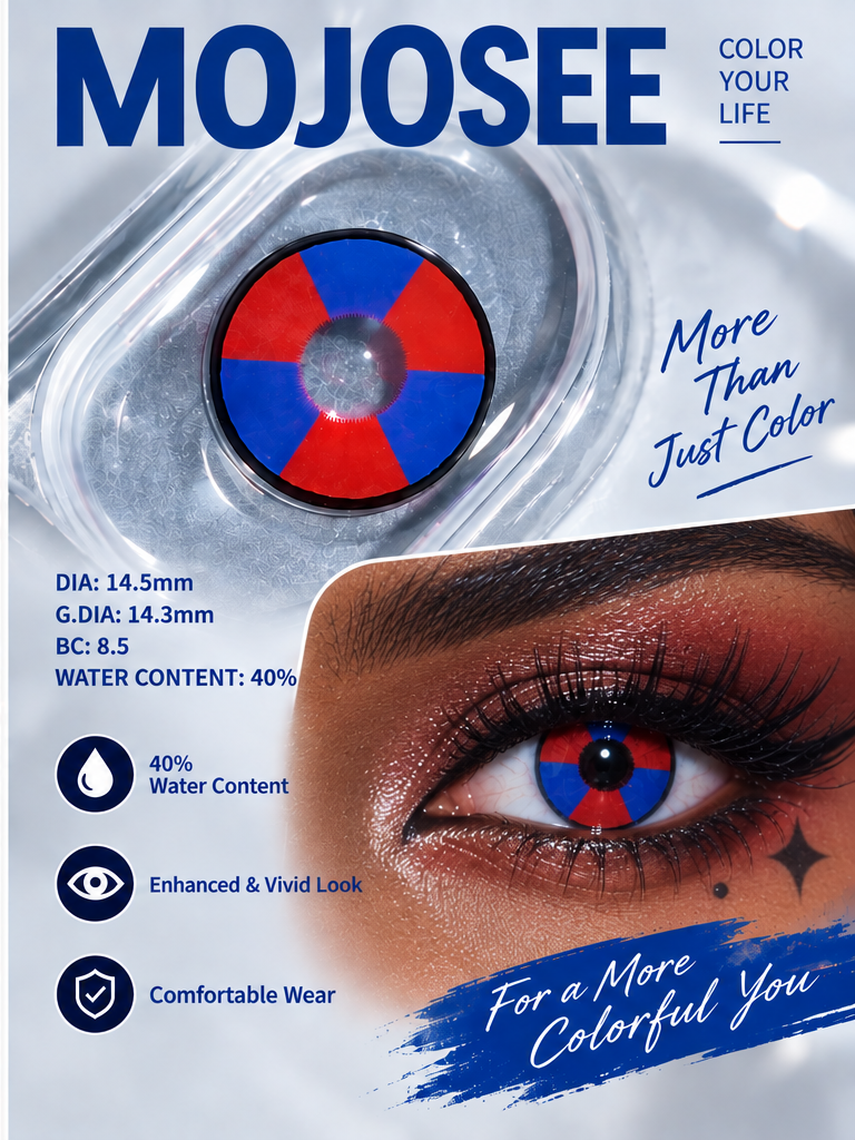 Pomni contact lens in case and worn on deep skin tone, DIA 14.5mm, water content 40%