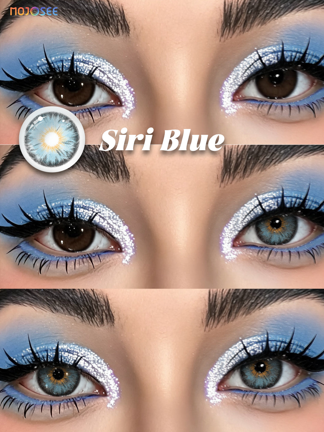 Siri Blue colored contact lenses worn on eye – Mojosee