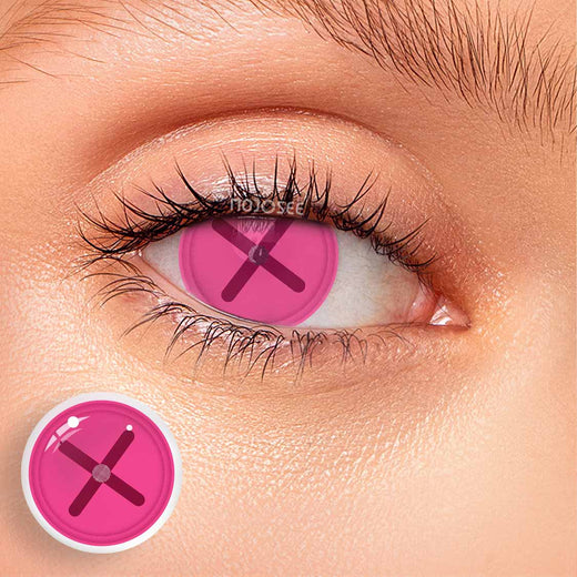 Pink Azalea Button Eye stitched X-pupil costume contact lens – 14.5 mm plano