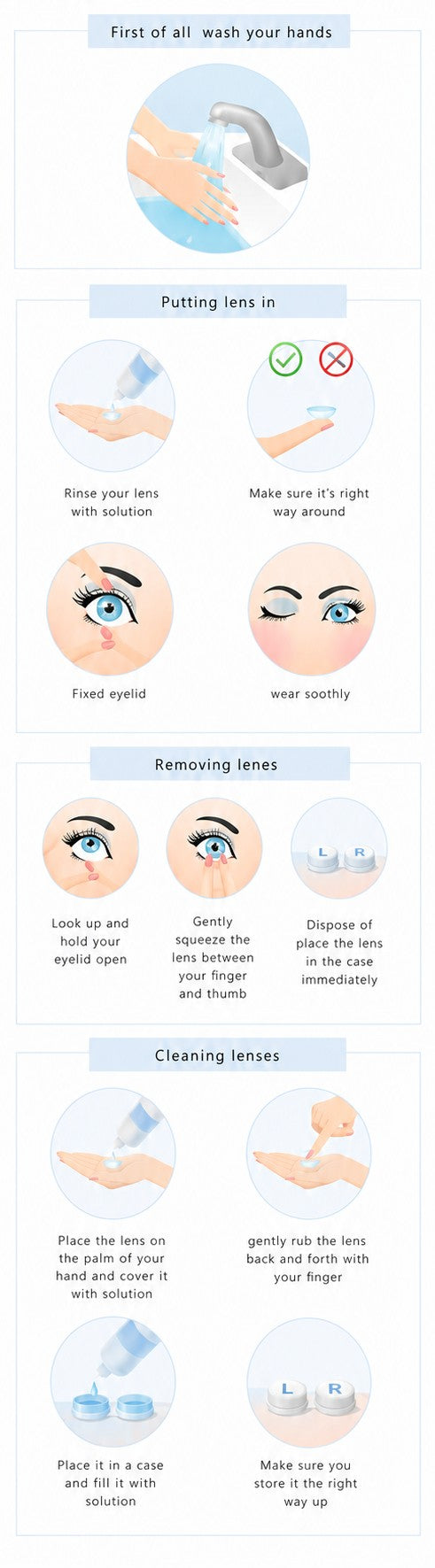 How to put in, remove and clean colored contact lenses — step by step illustrated guide